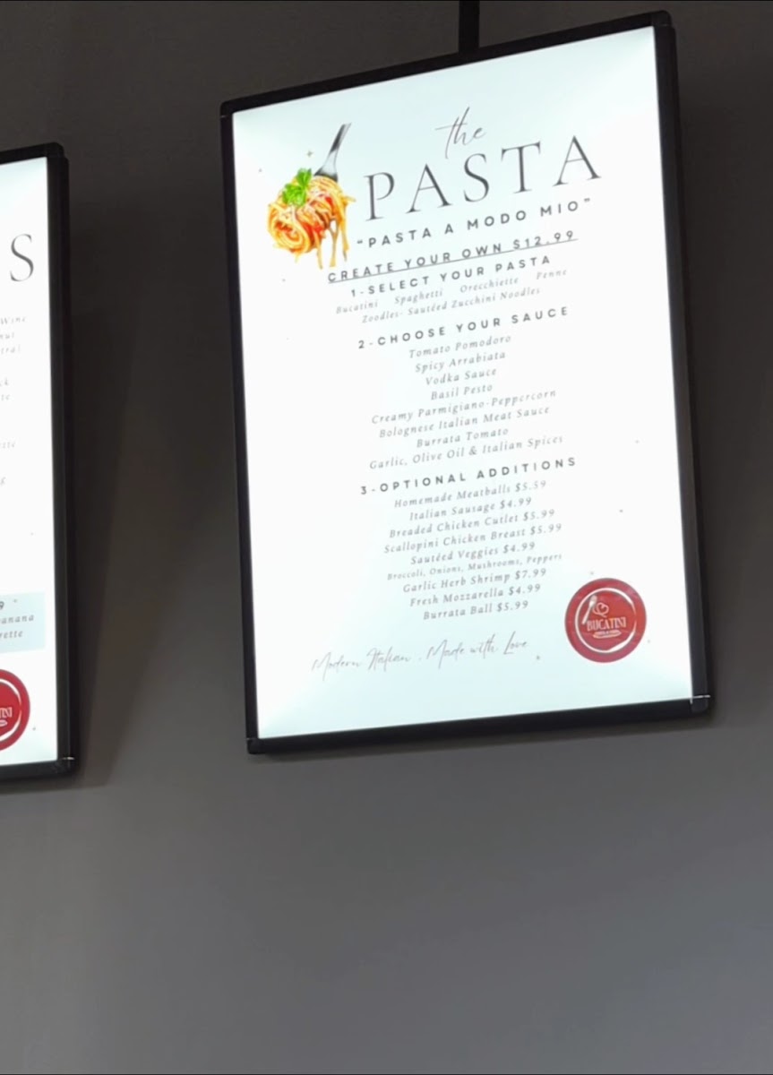 Bucatini Pizza & Pasta menu board
