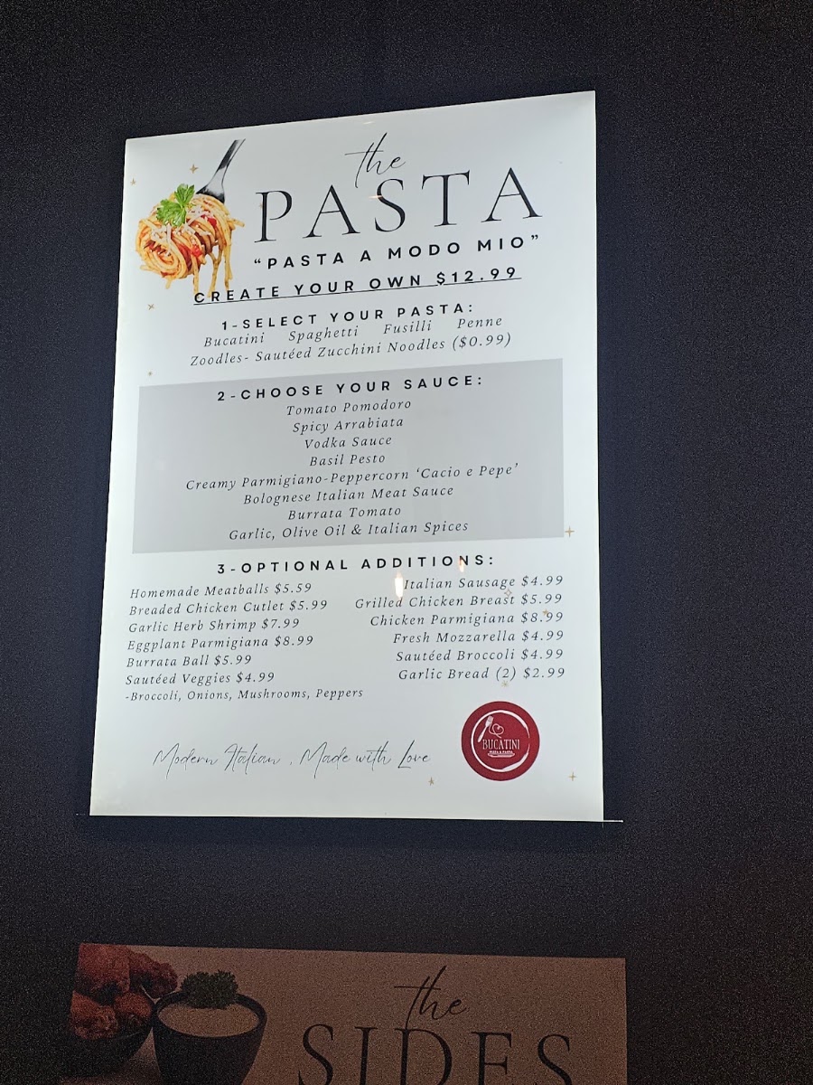 Bucatini Pizza & Pasta menu board