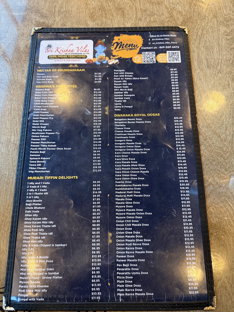 Sri Krishna Vilas - Pure Indian Vegetarian Restaurant, Frisco, TX menu board