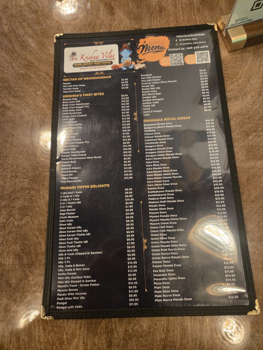 Sri Krishna Vilas - Pure Indian Vegetarian Restaurant, Frisco, TX menu board