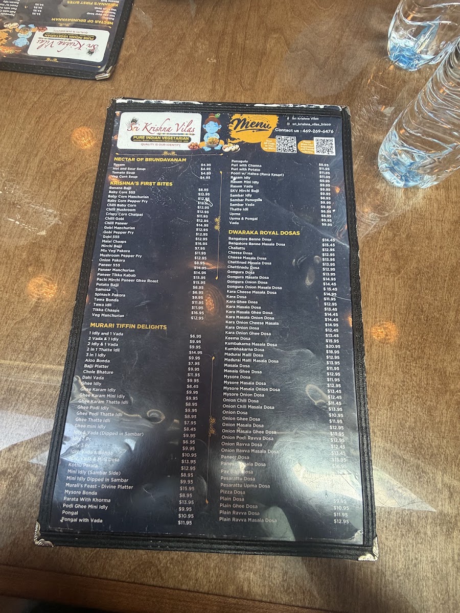Sri Krishna Vilas - Pure Indian Vegetarian Restaurant, Frisco, TX menu board