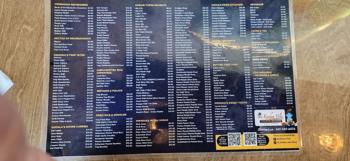 Sri Krishna Vilas - Pure Indian Vegetarian Restaurant, Frisco, TX menu board