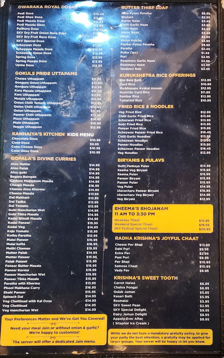 Sri Krishna Vilas - Pure Indian Vegetarian Restaurant, Frisco, TX menu board