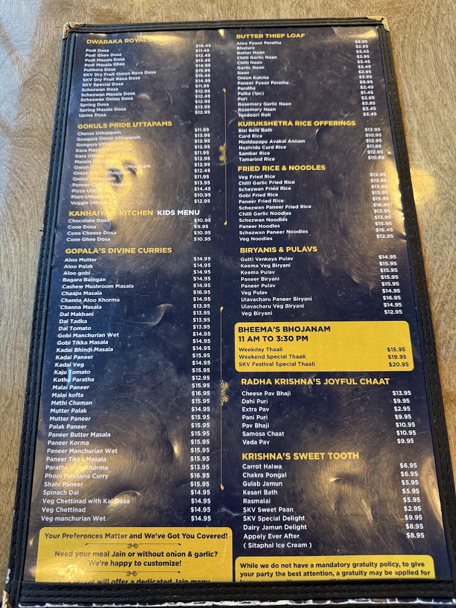 Sri Krishna Vilas - Pure Indian Vegetarian Restaurant, Frisco, TX menu board