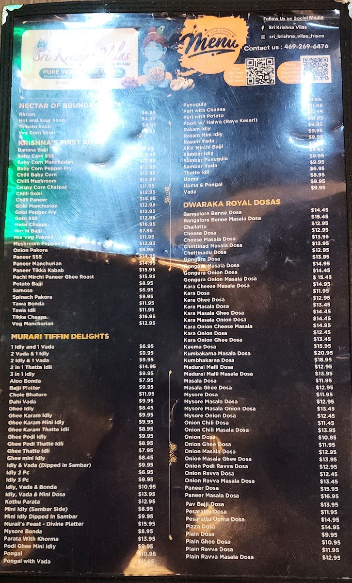Sri Krishna Vilas - Pure Indian Vegetarian Restaurant, Frisco, TX menu board