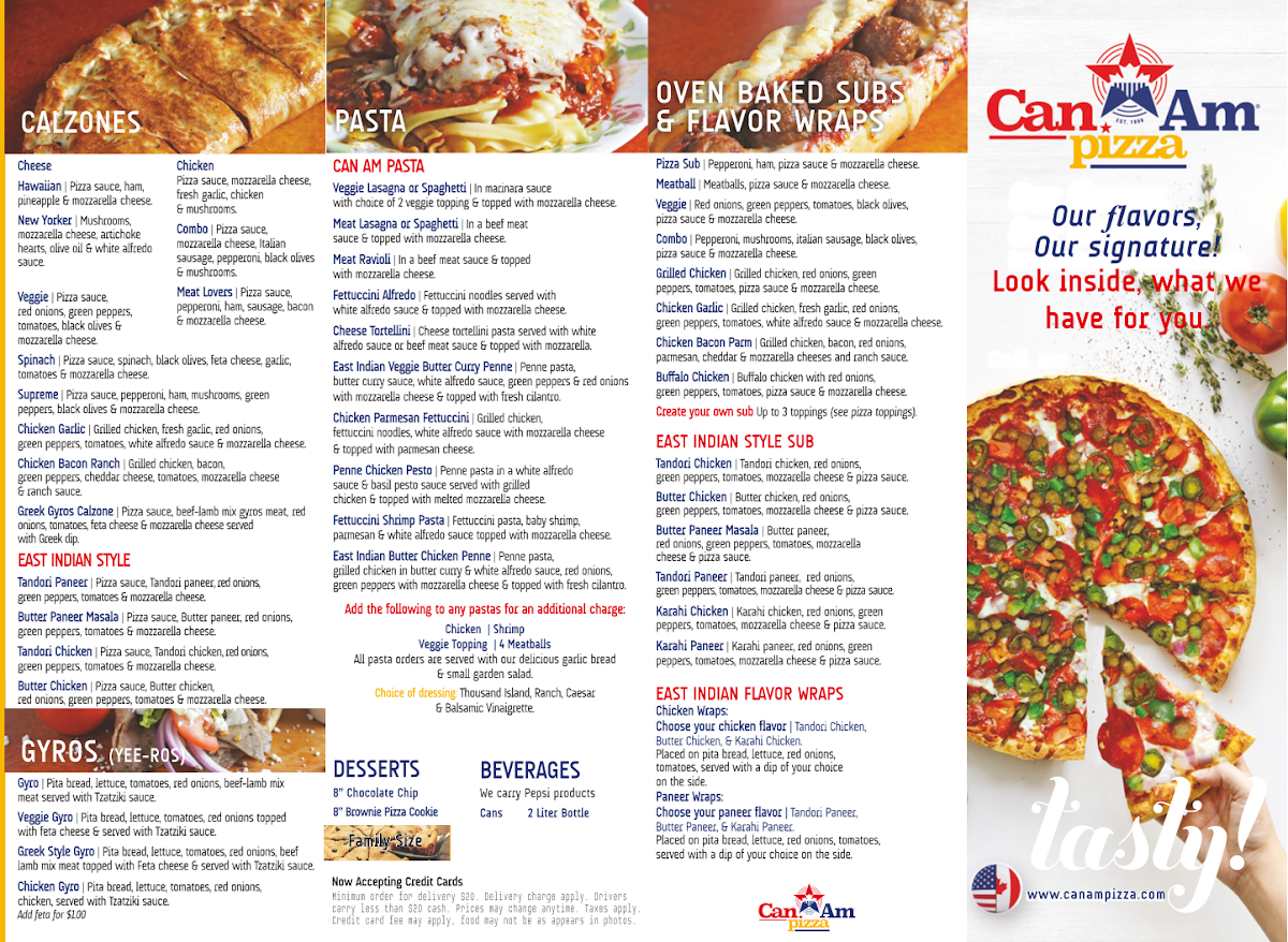 Can Am Pizza menu board