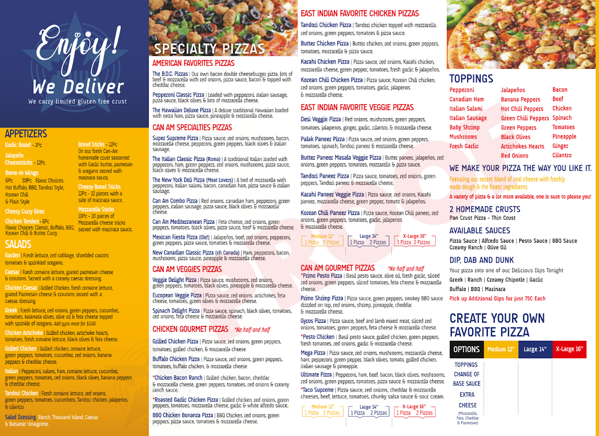 Can Am Pizza menu board