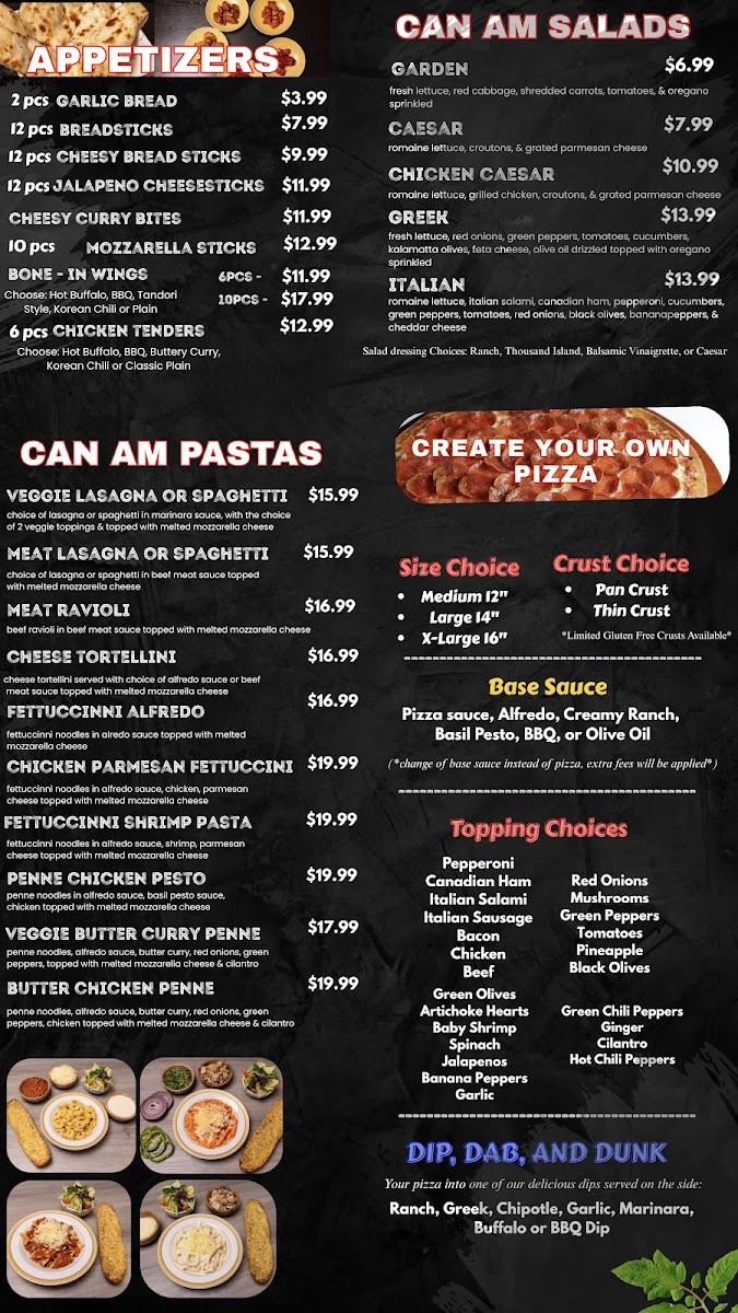 Can Am Pizza menu board