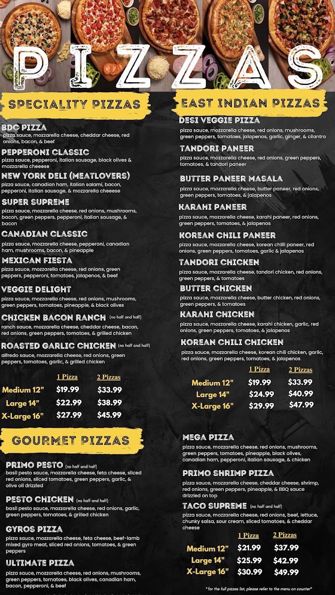Can Am Pizza menu board