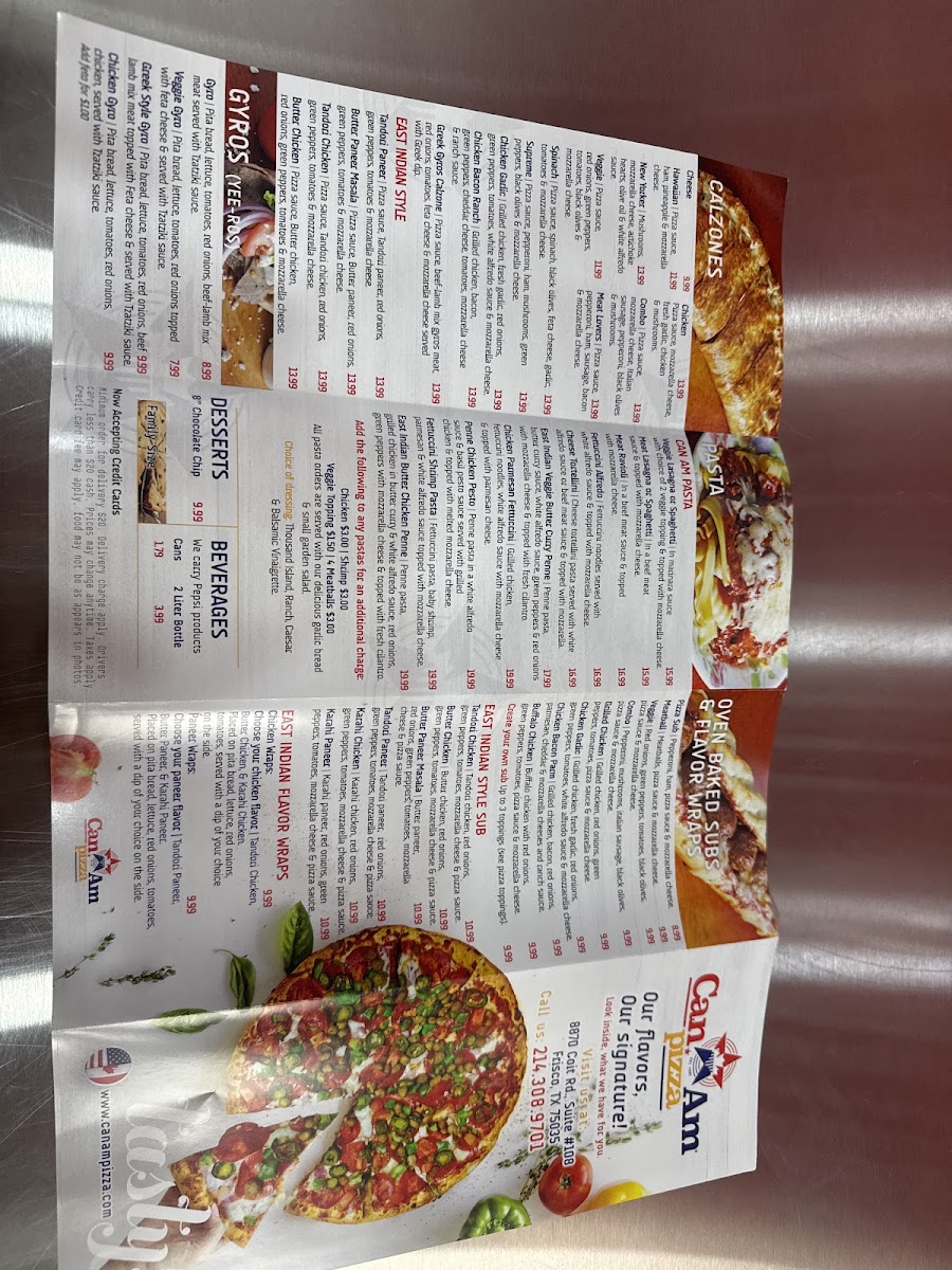 Can Am Pizza menu board