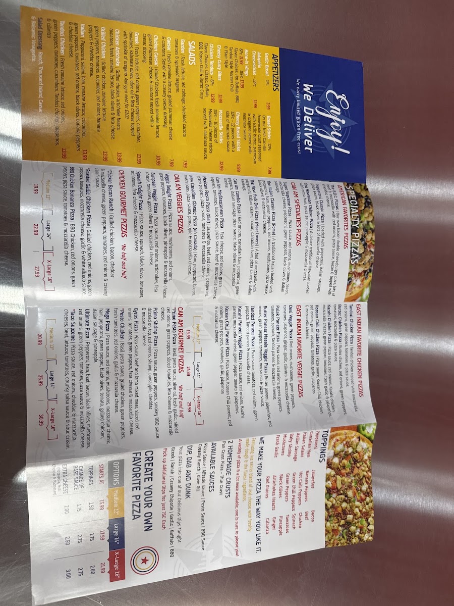 Can Am Pizza menu board