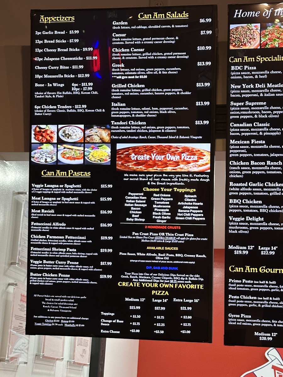 Can Am Pizza menu board