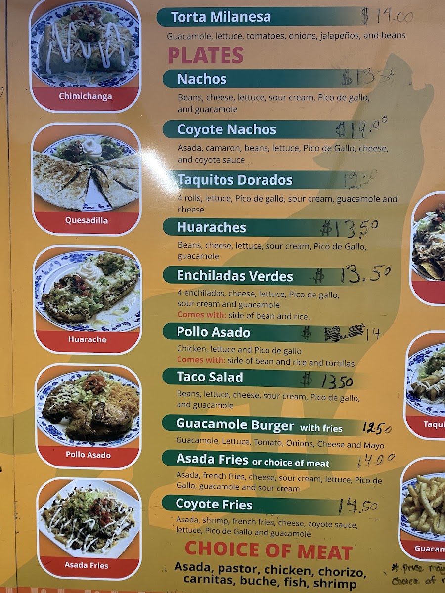 El Coyote menu board
