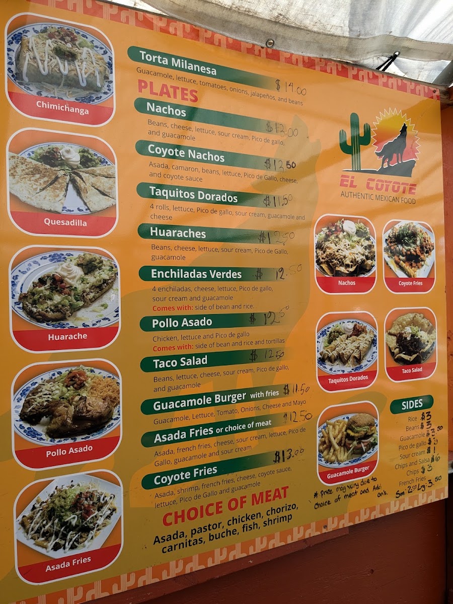 El Coyote menu board