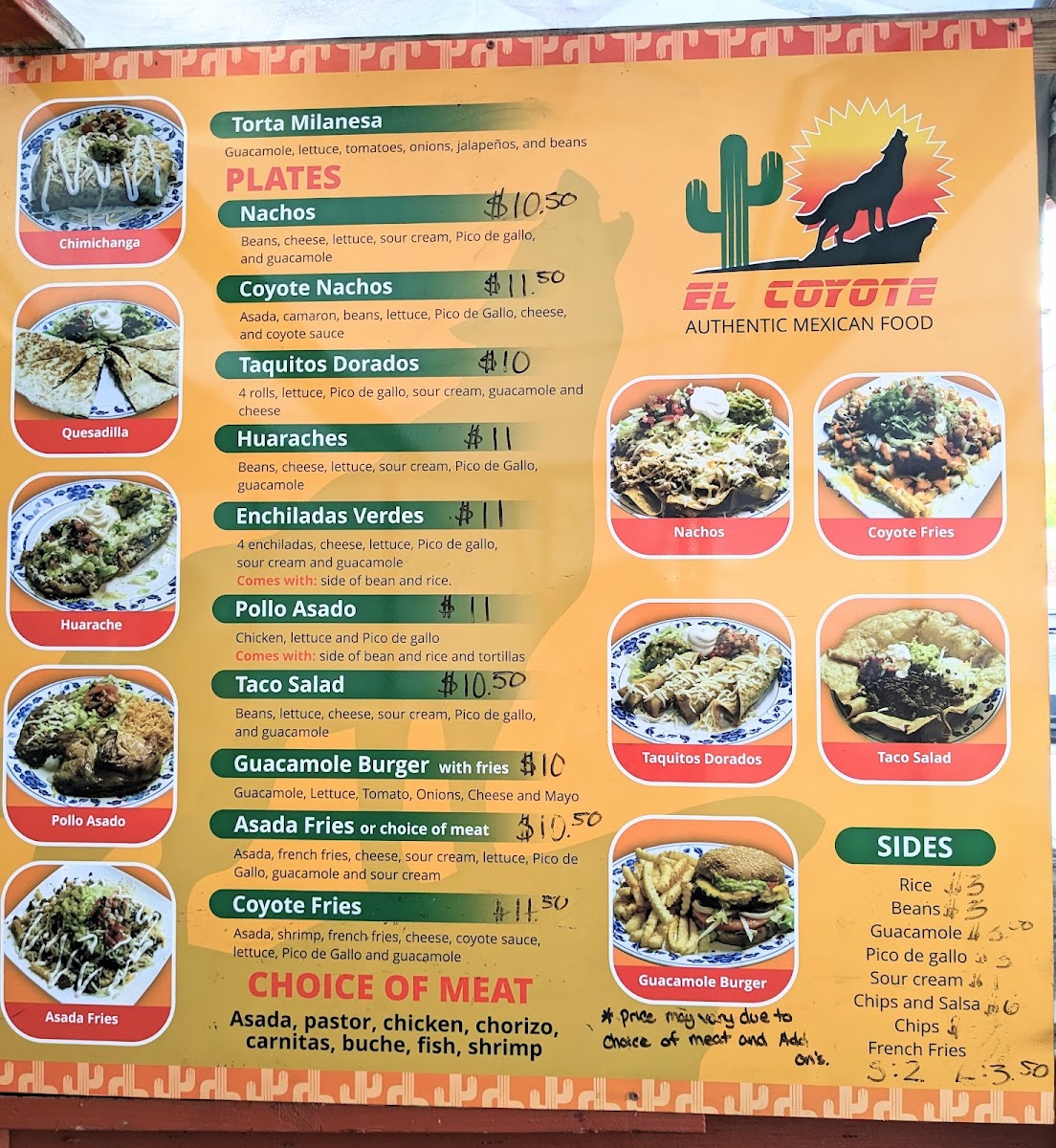 El Coyote menu board