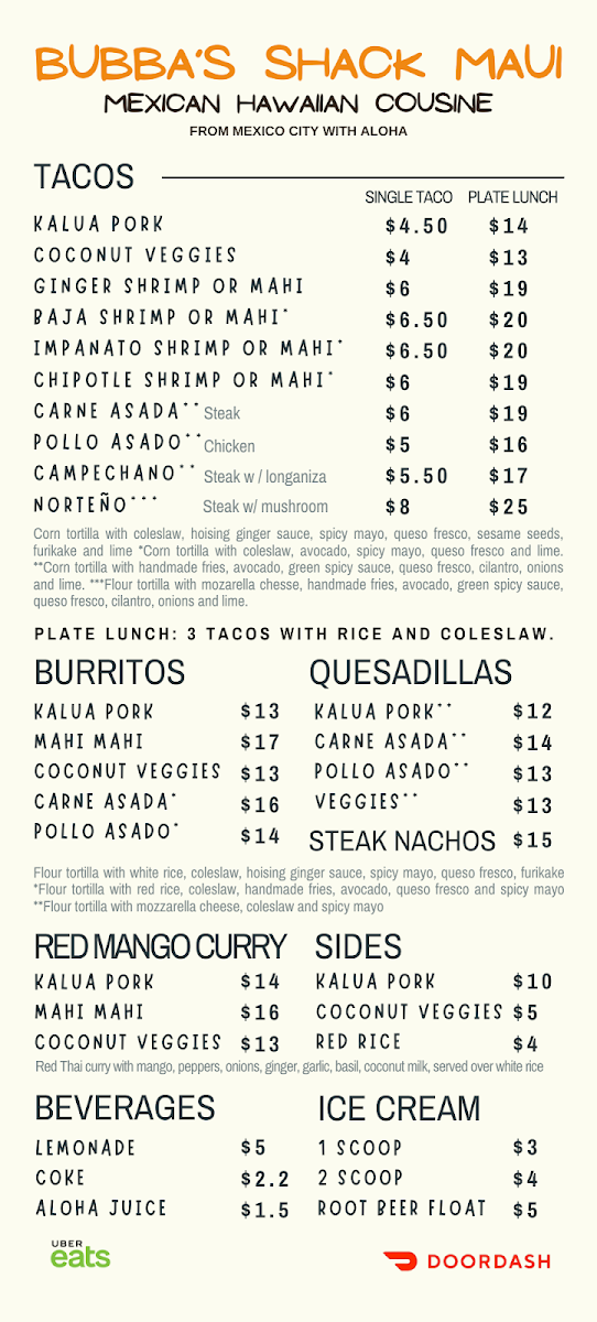 Bubba’s Shack Maui menu board