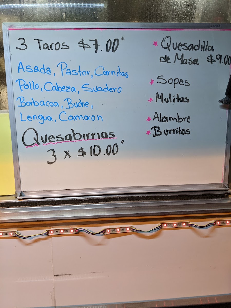 Taqueria Mena menu board