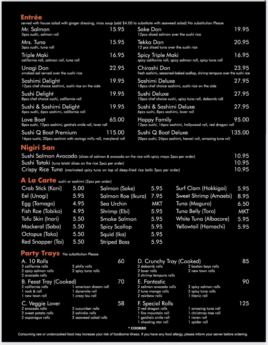 Sushi Q Oishii menu board