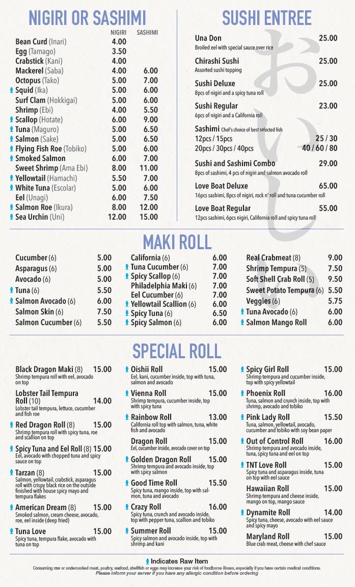 Sushi Q Oishii menu board