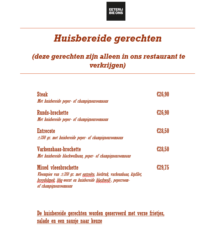 Eeterij Bie Ons menu board