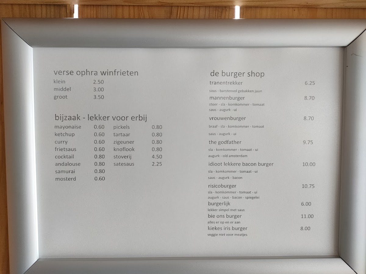 Eeterij Bie Ons menu board