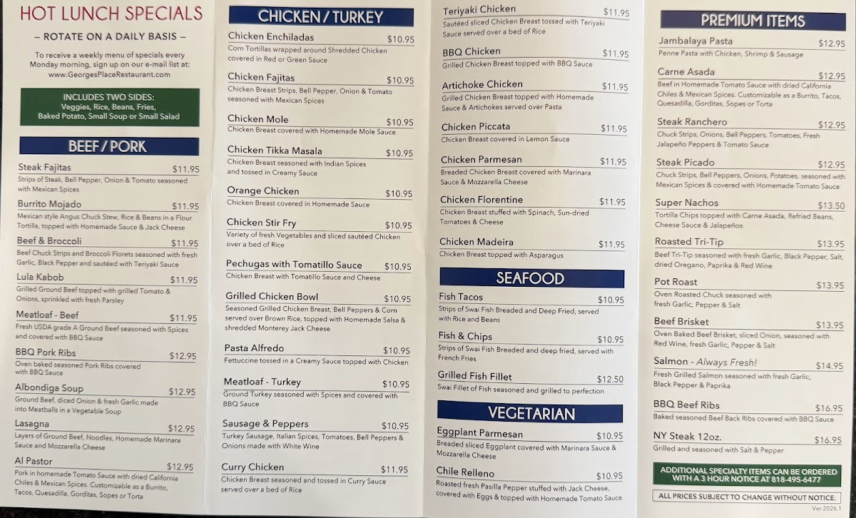 Georges Place menu board