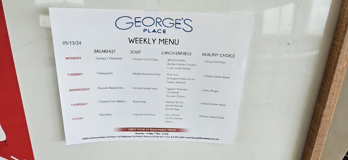 Georges Place menu board