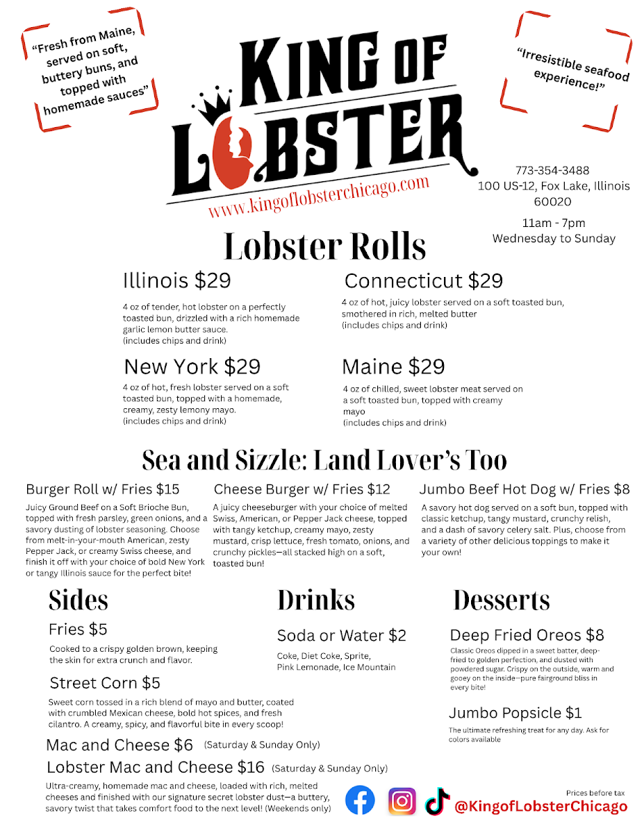 King of Lobster menu board