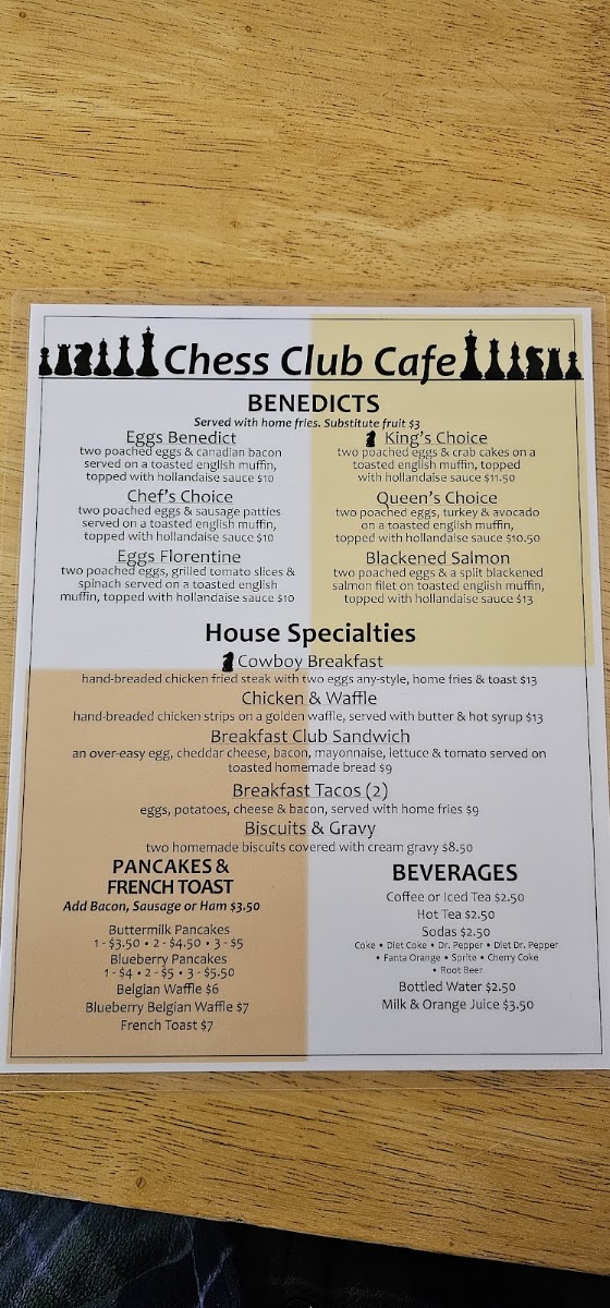 Chess Club Steakhouse menu board