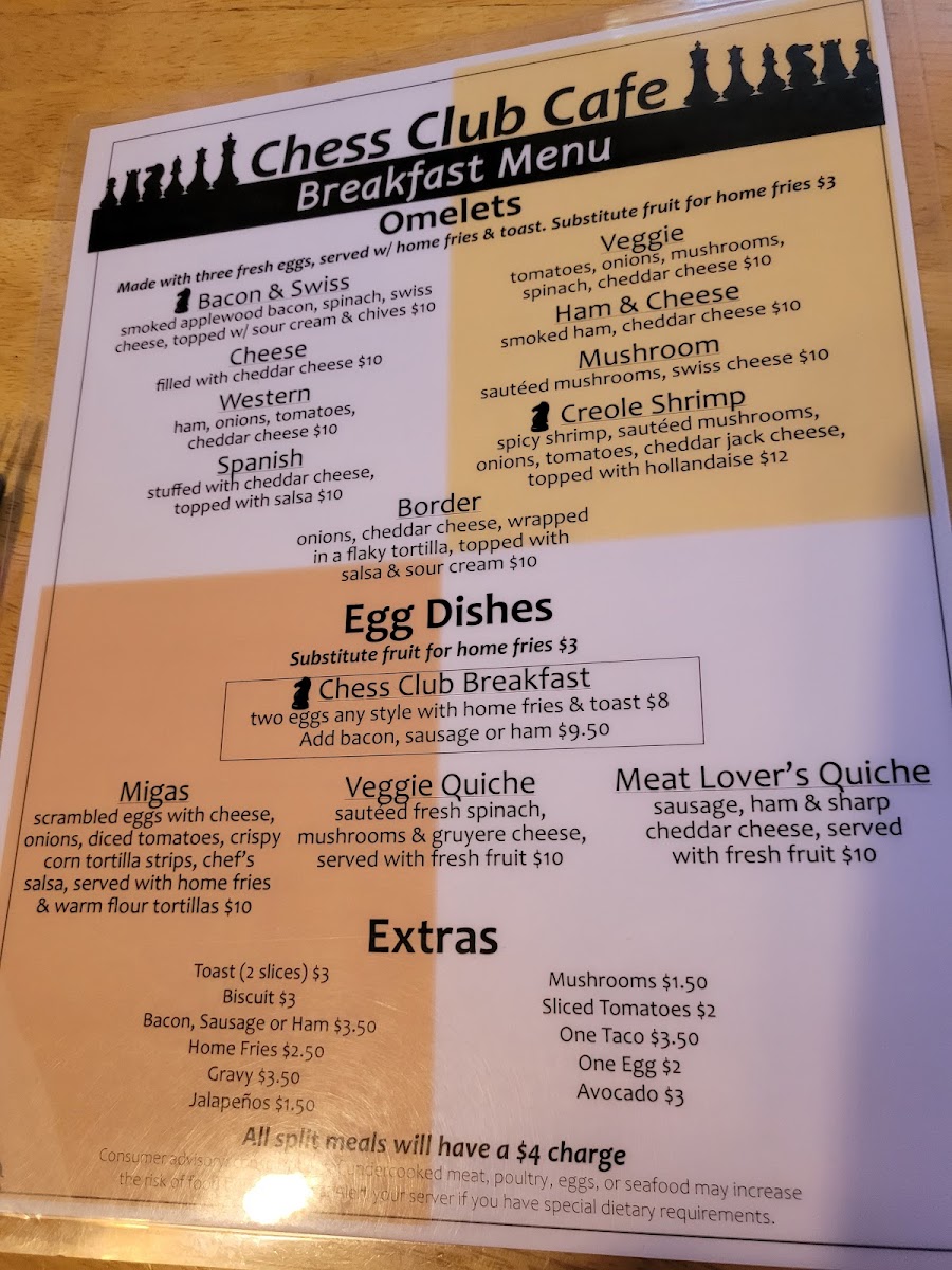 Chess Club Steakhouse menu board
