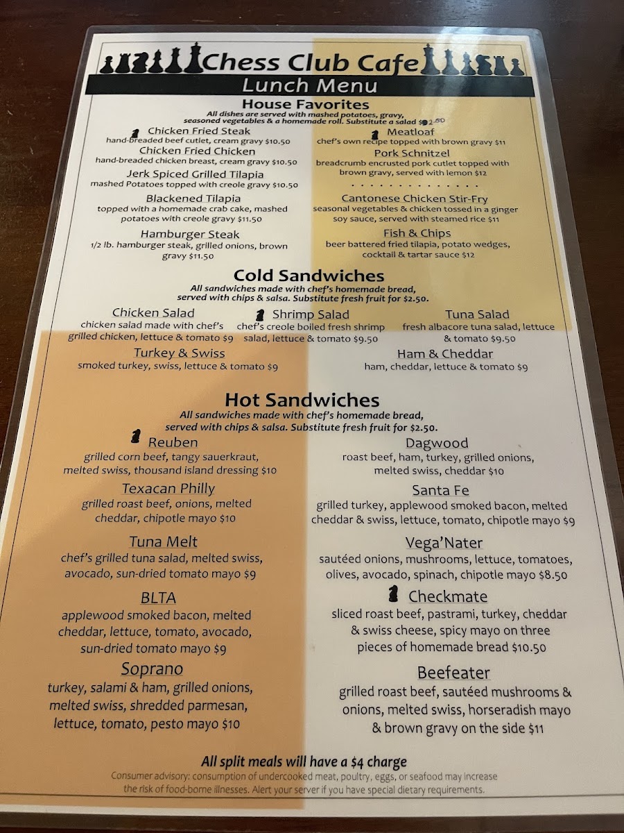 Chess Club Steakhouse menu board