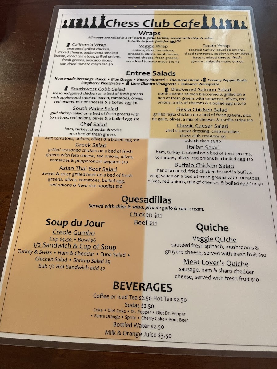 Chess Club Steakhouse menu board