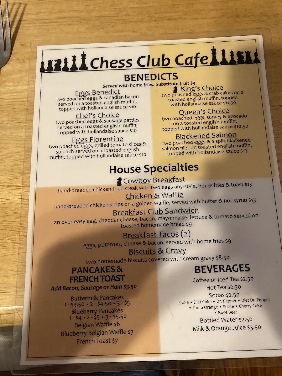 Chess Club Steakhouse menu board