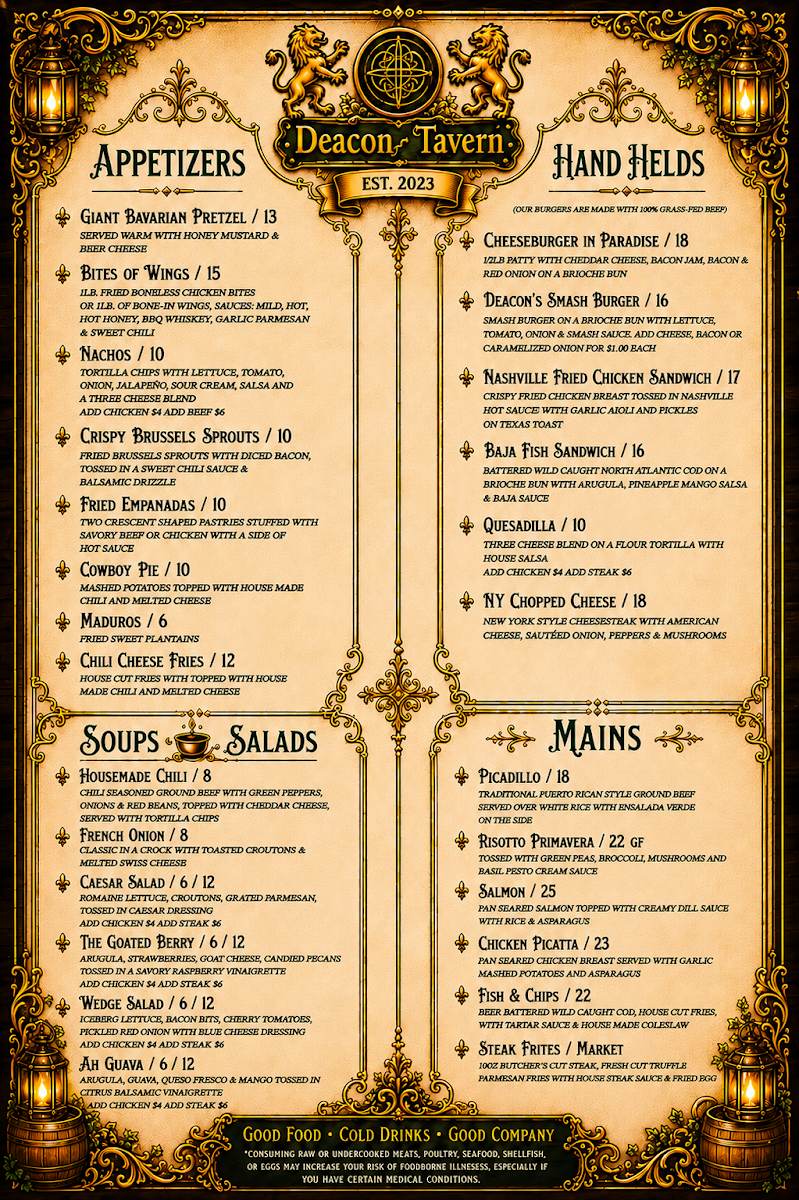 Deacons Tavern menu board