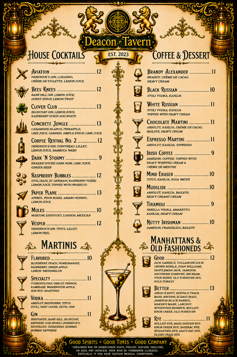 Deacons Tavern menu board