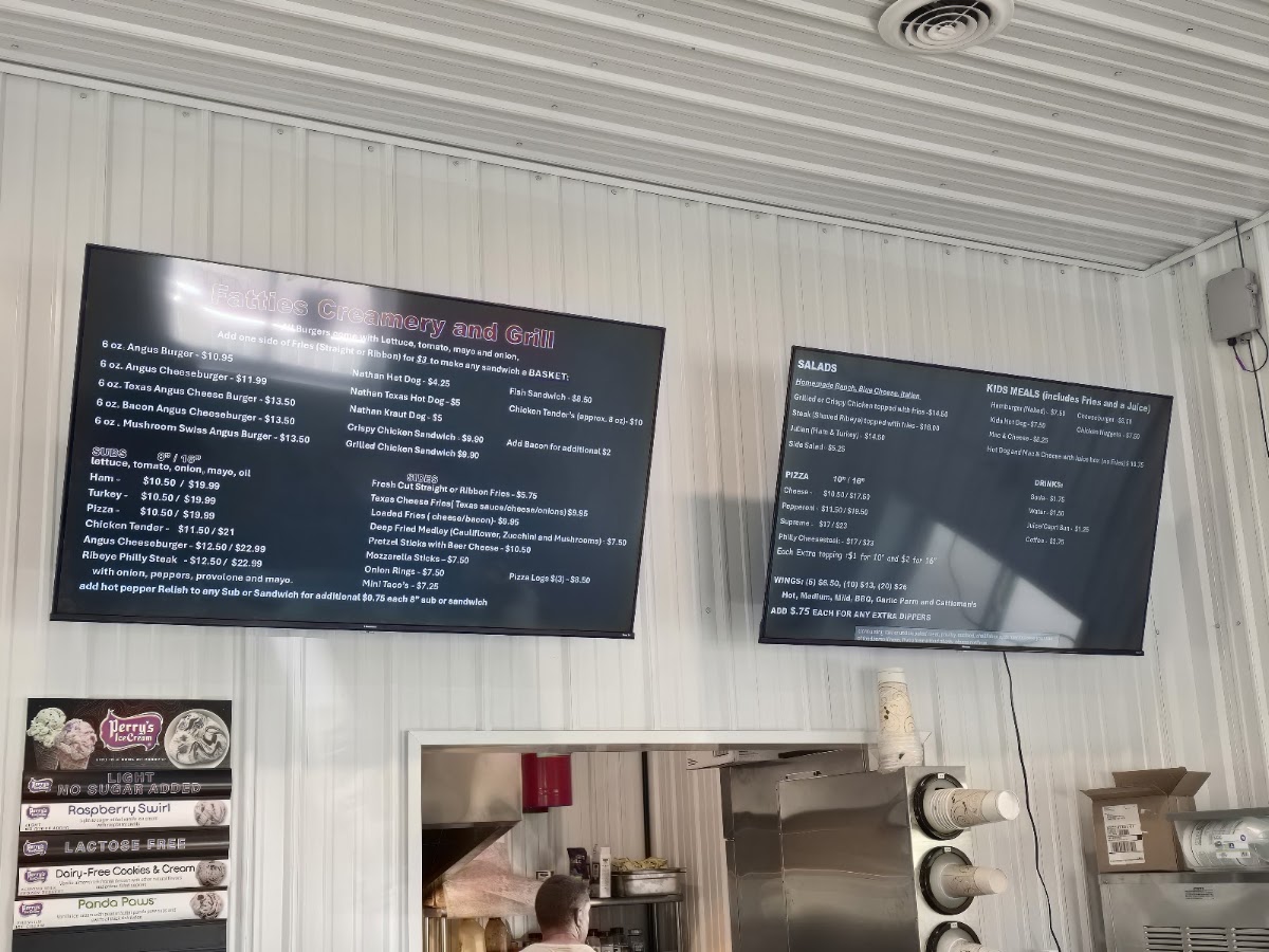 Fatties Creamery and Grill menu board