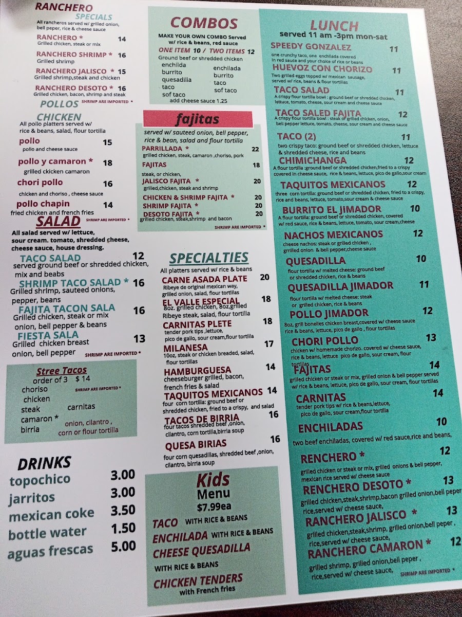 Ranchero Mexican Food menu board