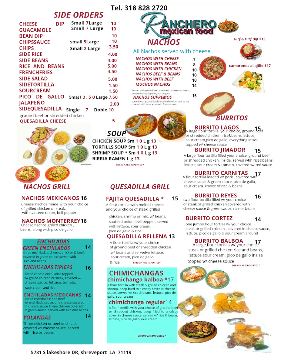 Ranchero Mexican Food menu board
