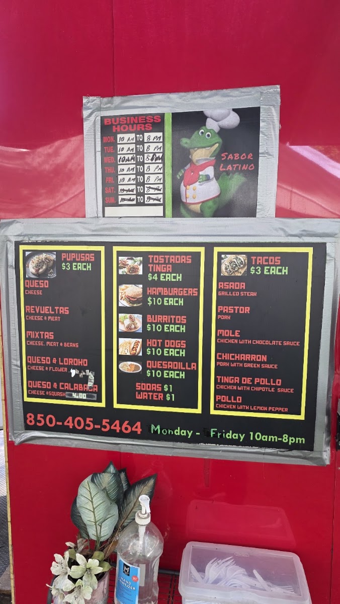 Sabor Latino Pupusas Tacos menu board