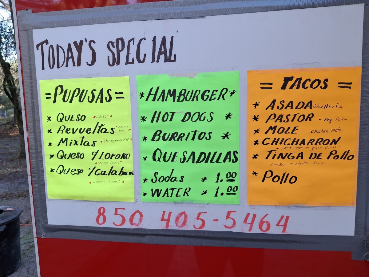 Sabor Latino Pupusas Tacos menu board