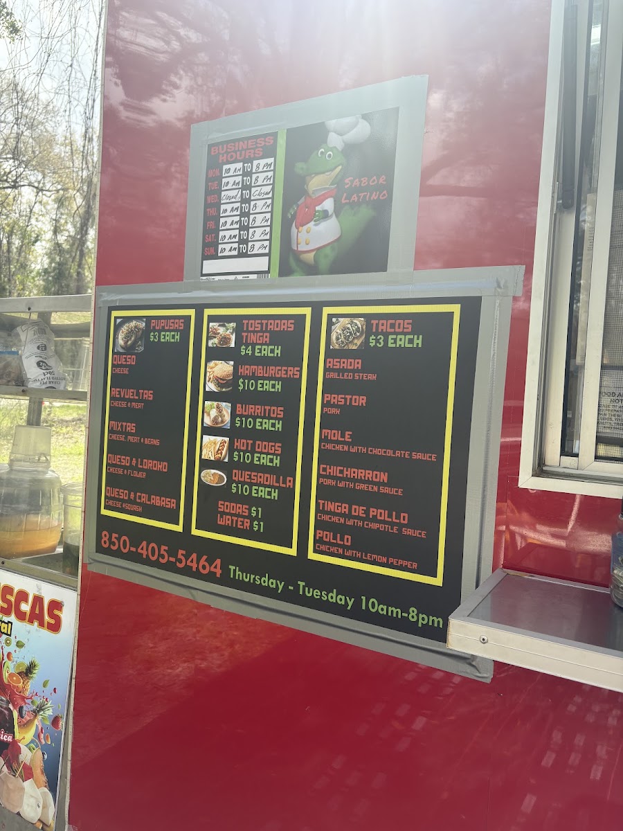 Sabor Latino Pupusas Tacos menu board