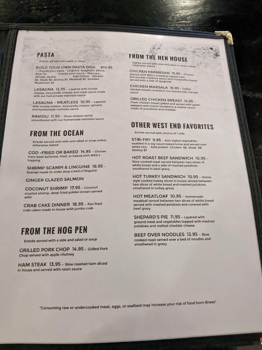 West End Grille menu board