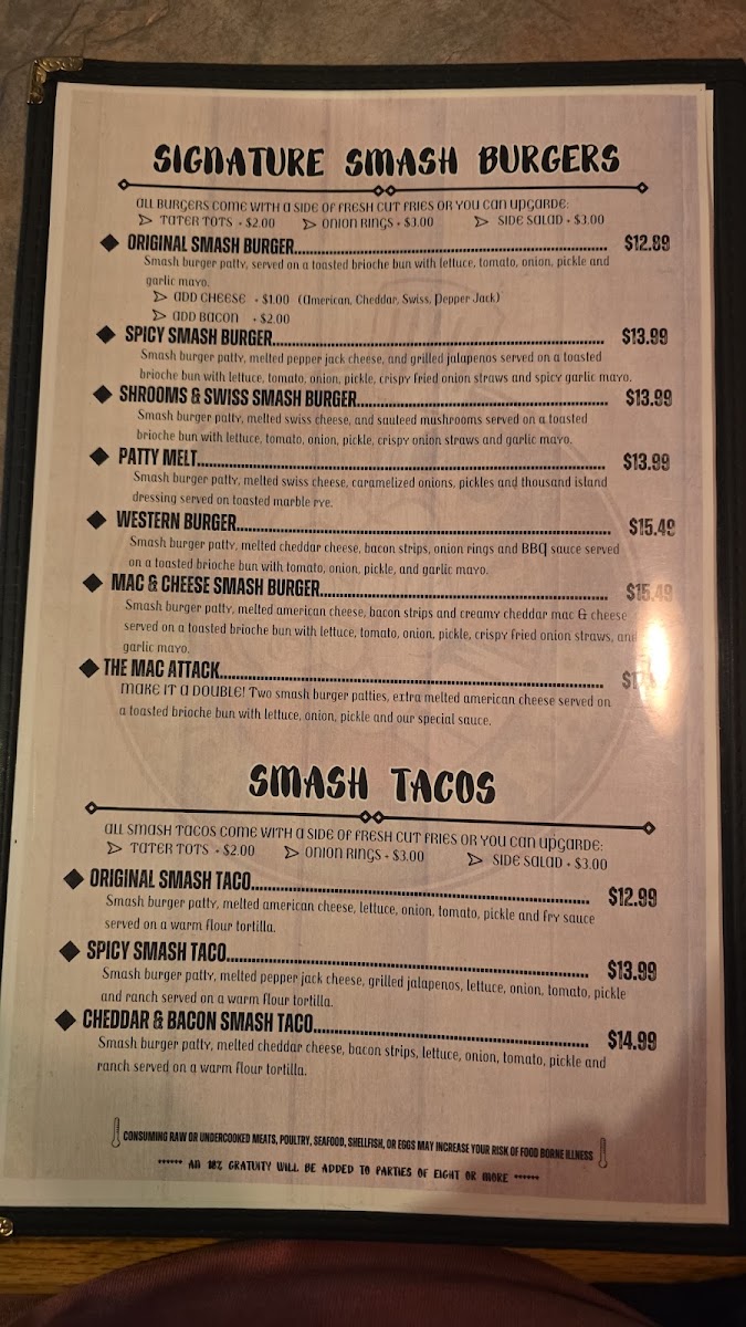 Smash N Grab menu board