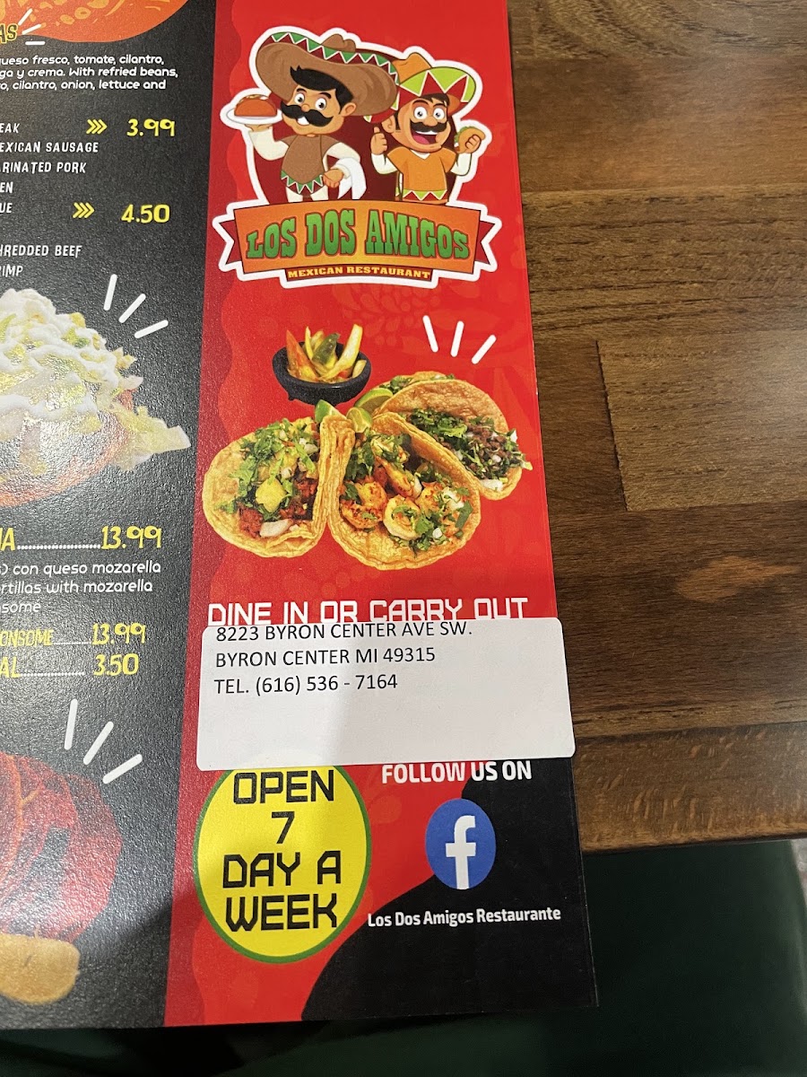 Los Dos Amigos Mexican Restaurant menu board