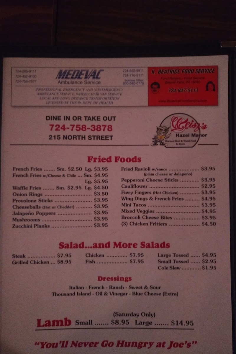 Weisz Hazel Manor menu board
