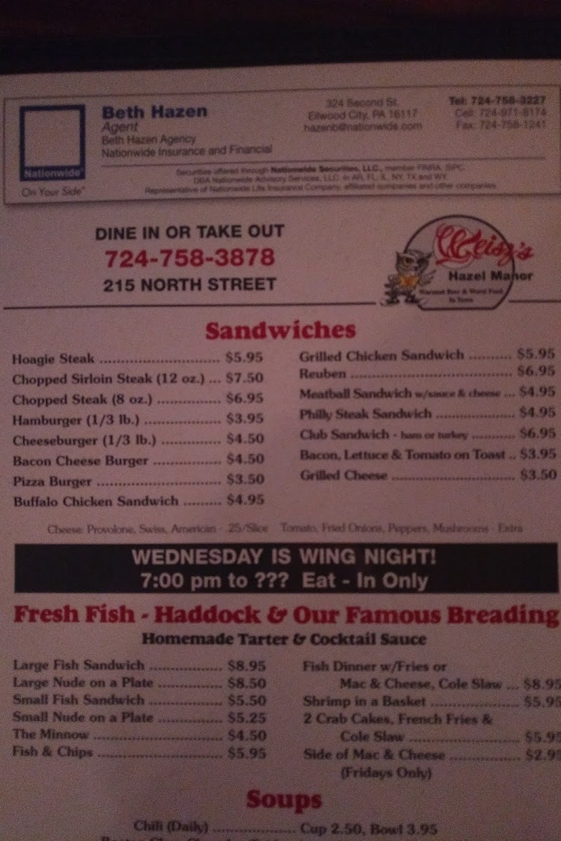 Weisz Hazel Manor menu board
