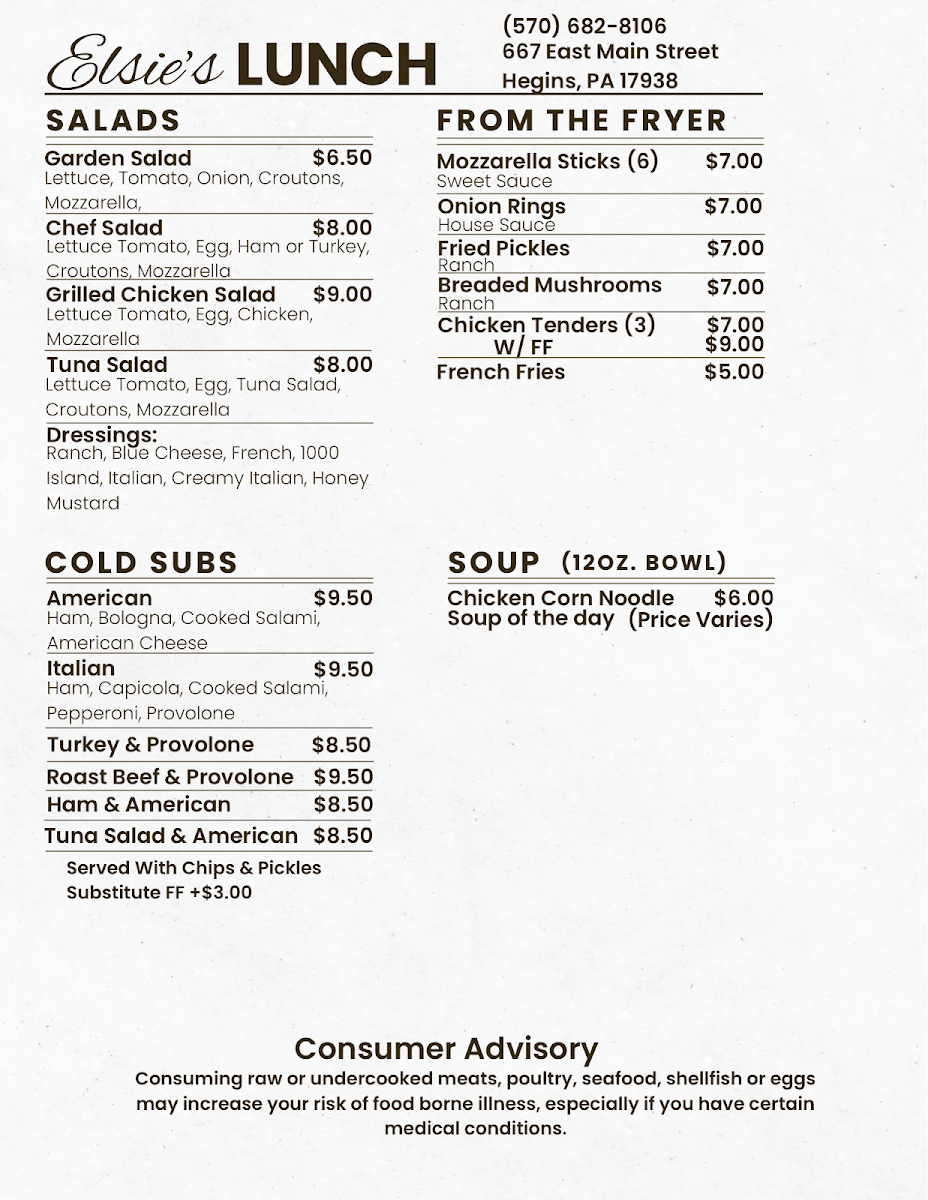 Elsie's Restaurant menu board