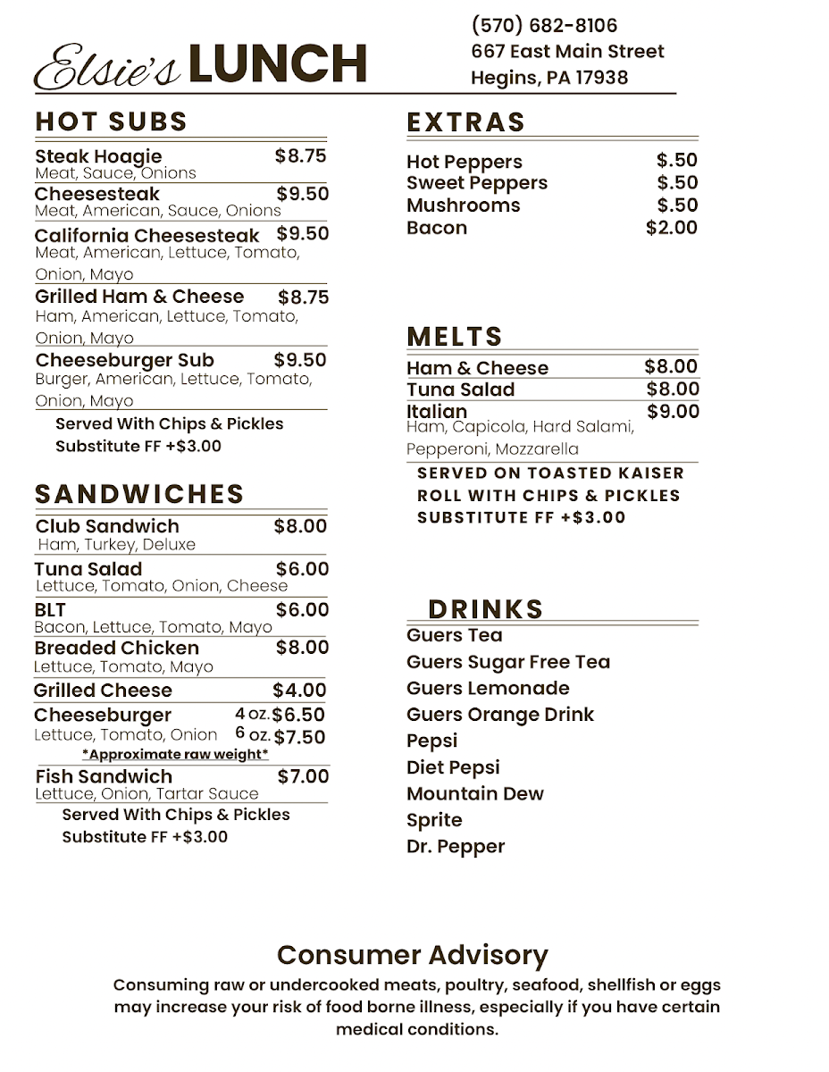 Elsie's Restaurant menu board