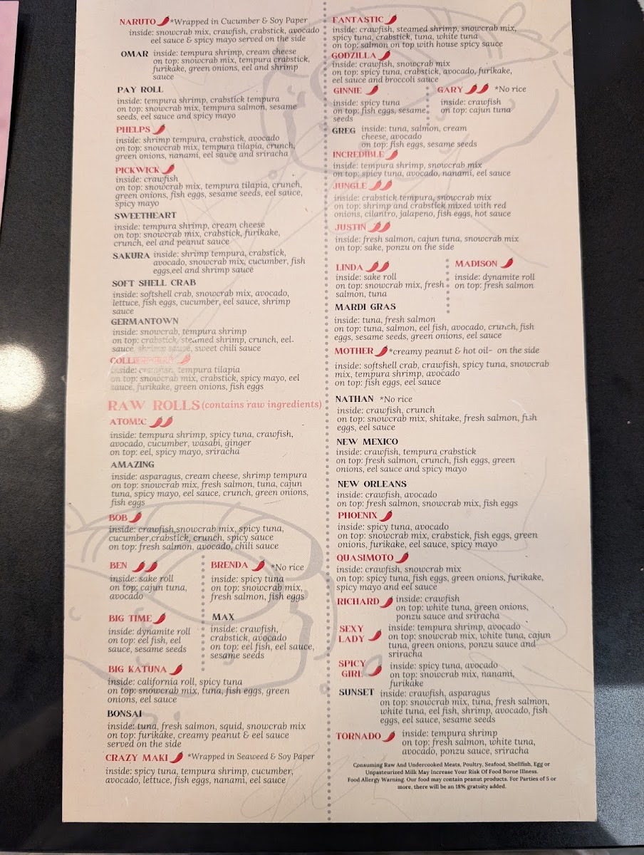 Sakura Japanese Restaurant - Lakeland menu board