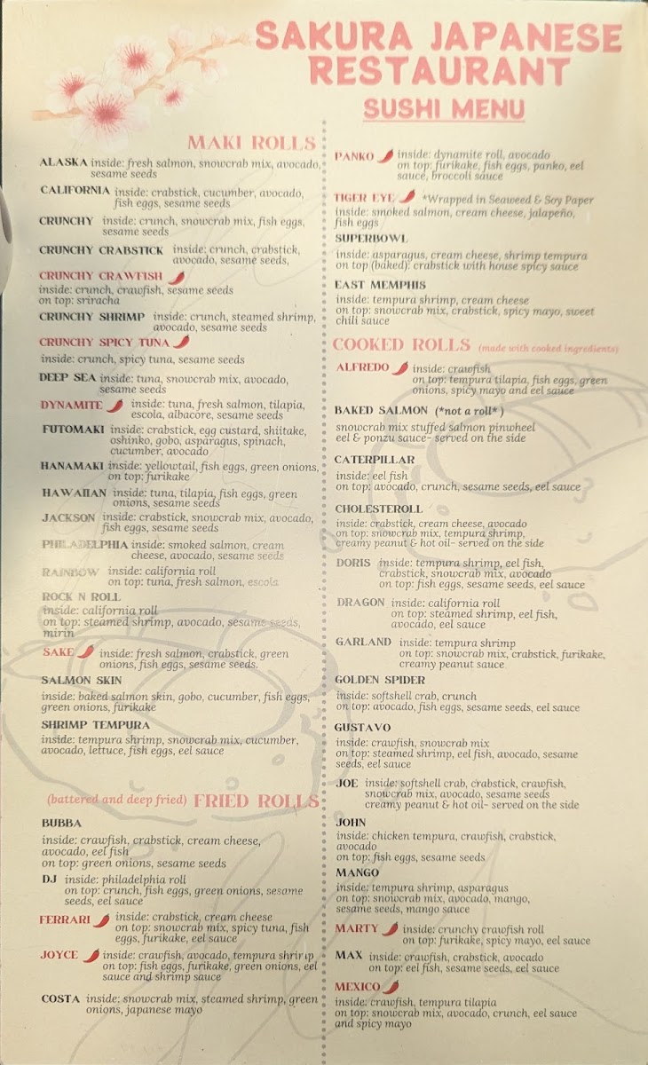 Sakura Japanese Restaurant - Lakeland menu board